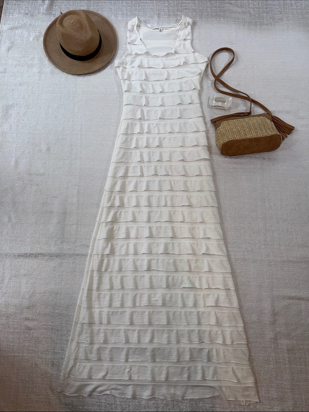 Max Studio White Ruffled Stripe Sleeveless Maxi Dress